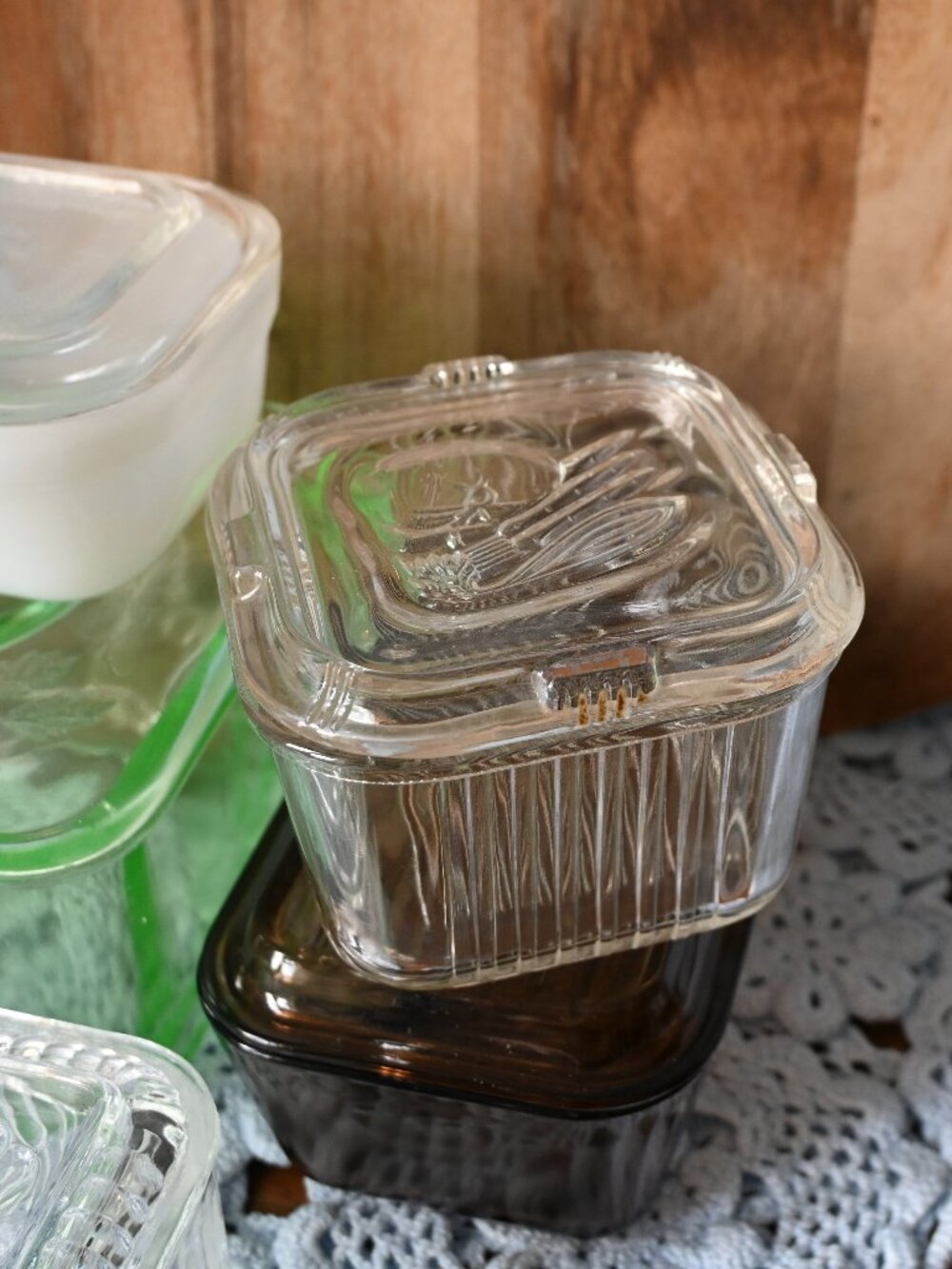 1930s/40s Federal Glass Clear Ribbed Refrigerator Dish with Corn Vegetable Lid
